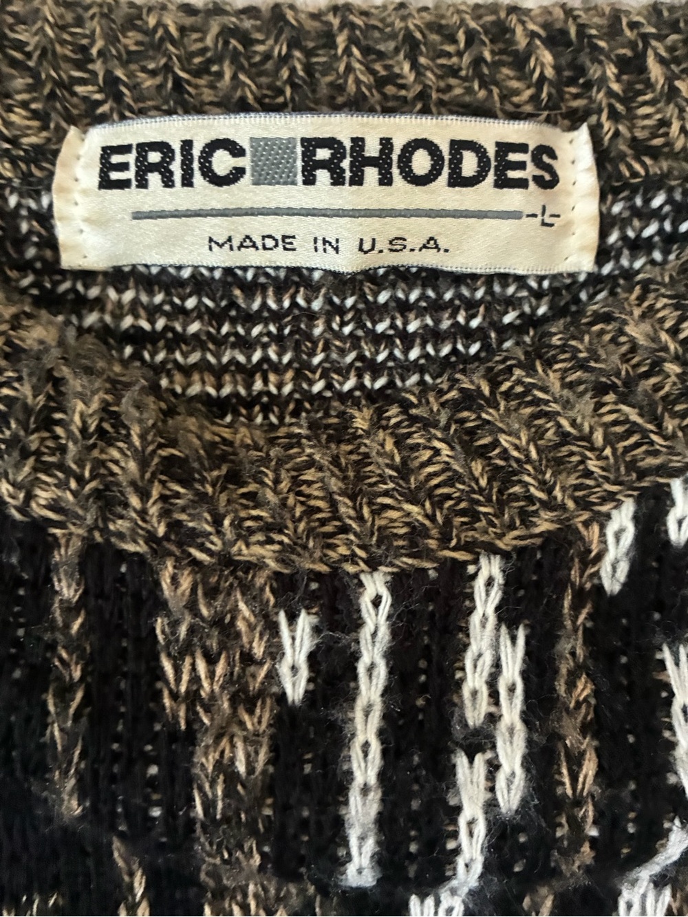 Eric Rhodes Vintage Men's Textured Knit Sweater Brown Cream Geometric Size L - Picture 2 of 8